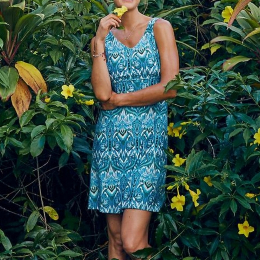 ATHLETA Ikat Print Blue Sleeveless Athleisure Dress Sz M